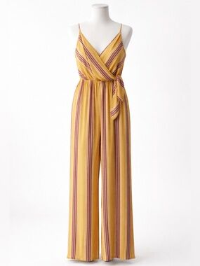 Express Jumpsuit Striped Surplice Tie Front Wide Leg Jumpsuit Yellow Stripe XS